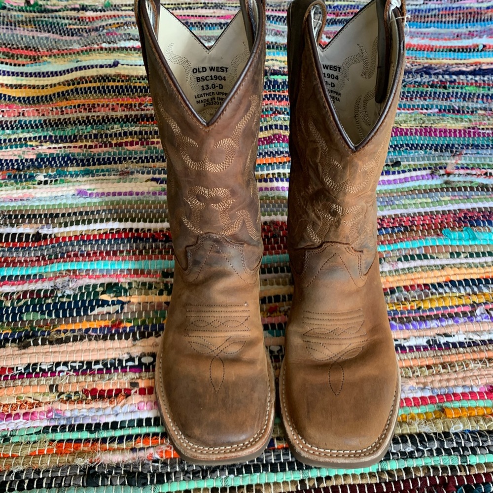 Old West Kids Distressed Brown Square Toe Boots